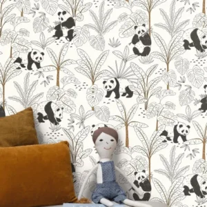 black-grey children's wallpaper and wall with side table and toys