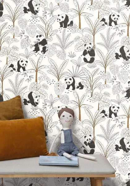 Se Prelasser Wallpaper - Blanc by black-grey children's wallpaper and wall with side table and toys