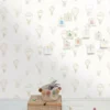 white children's wallpaper and wall with basket and toys
