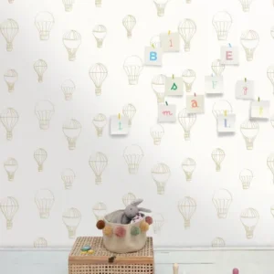 white children's wallpaper and wall with basket and toys