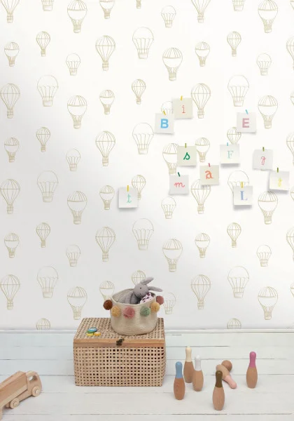 Voyager Wallpaper - Beige by white children's wallpaper and wall with basket and toys