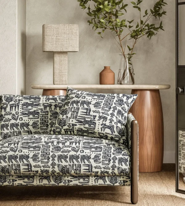 Twycross Fabric - Slate by black-grey animal sofa with side table and lamps