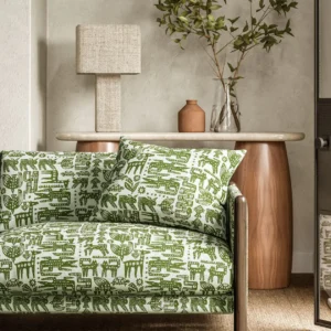 green animal sofa with side table and lamps