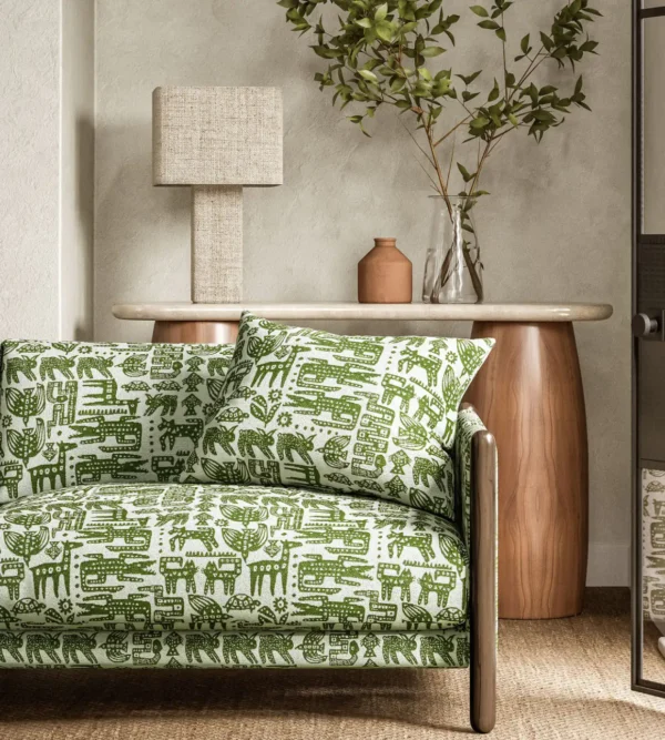 Twycross Fabric - Pine by green animal sofa with side table and lamps