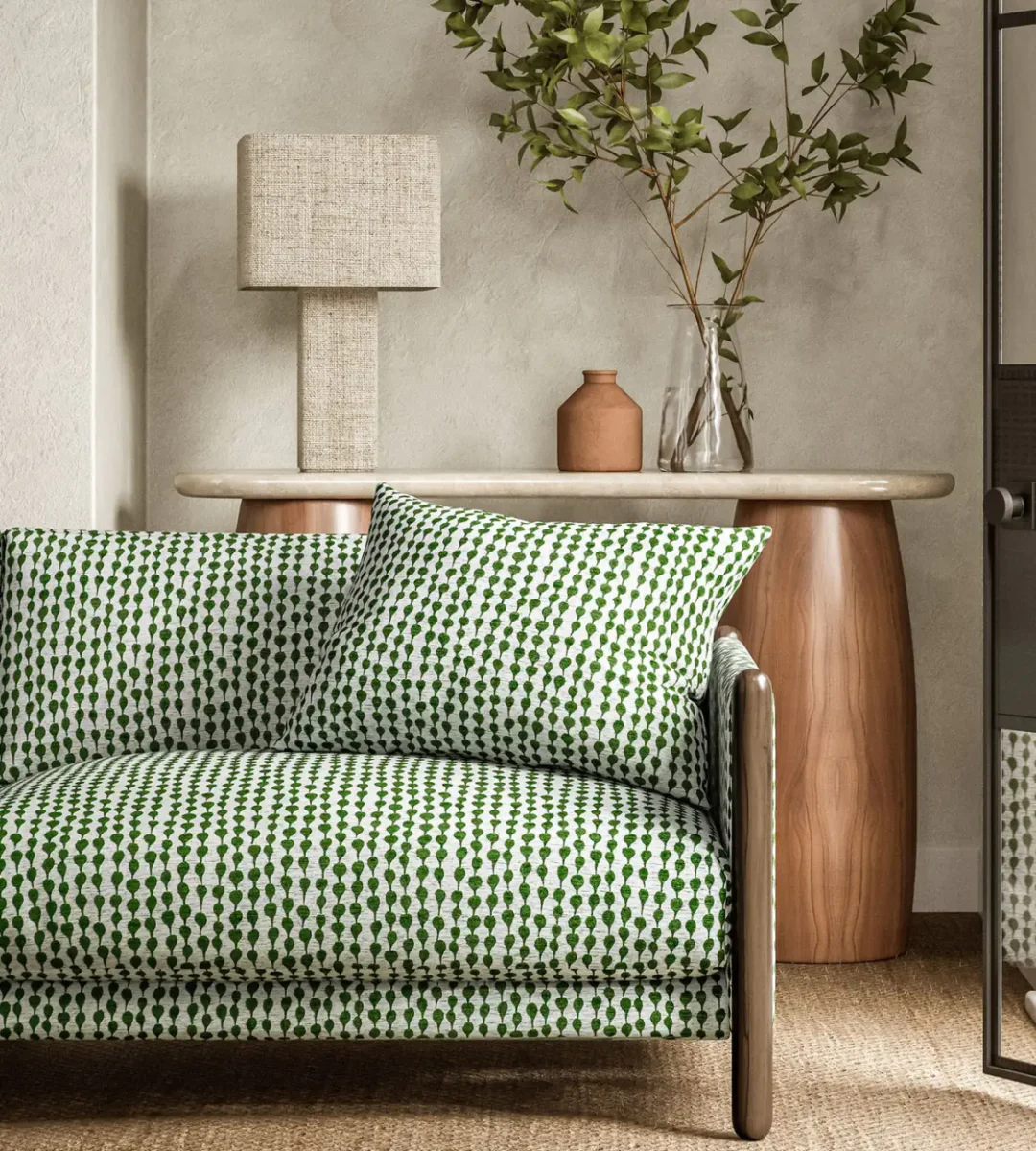 green misc sofa with side table and lamps