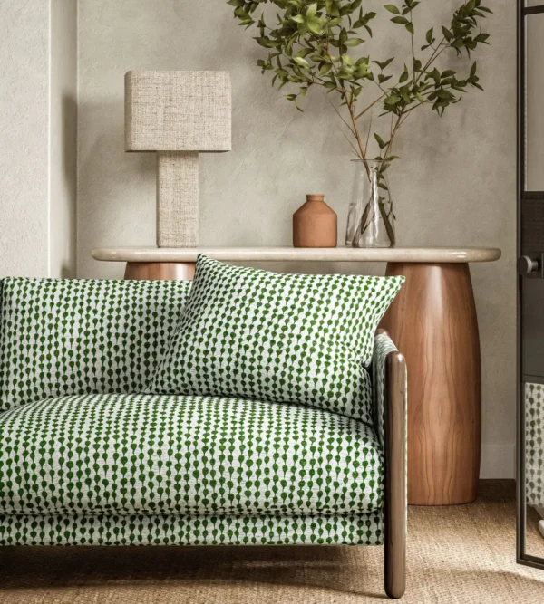 Sorrel Fabric - Forest by green misc sofa with side table and lamps