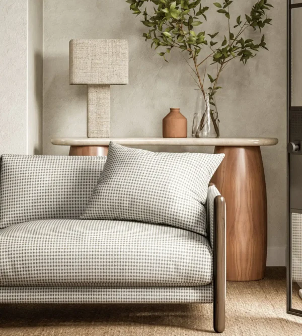 Ragdale Fabric - Pebble by neutral geometric sofa with side table and lamps