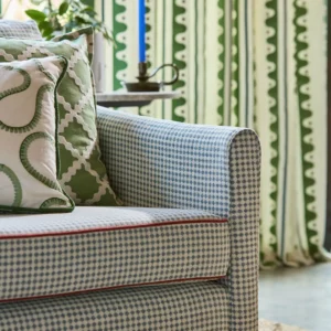 blue geometric sofa with cushion