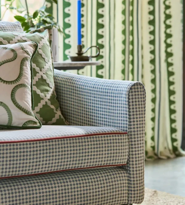 Ragdale Fabric - Coast Blue by blue geometric sofa with cushion