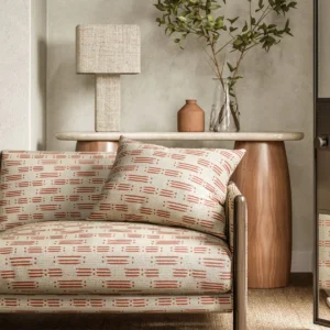 red misc sofa with side table and lamps
