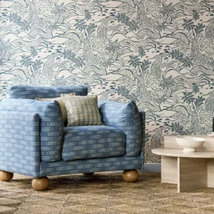 blue misc armchair with coffee table and cushion