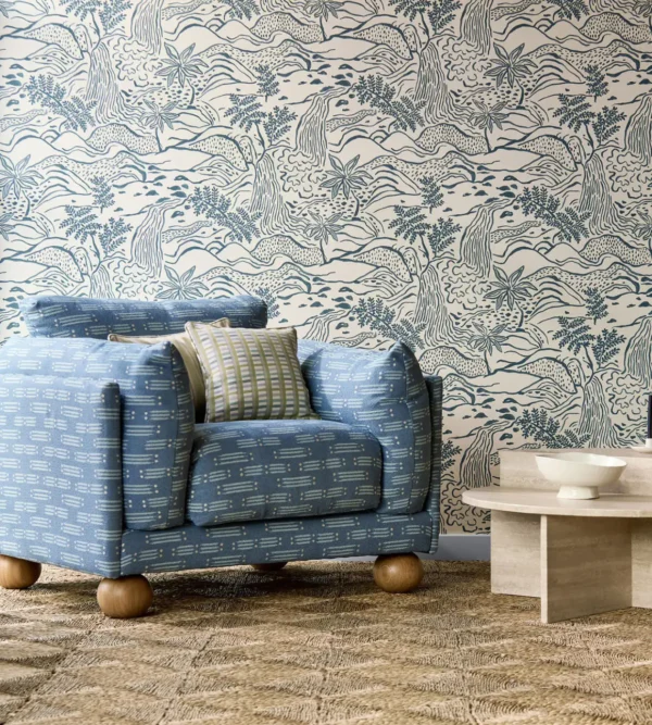 Matchsticks Fabric - Denim by blue misc armchair with coffee table and cushion