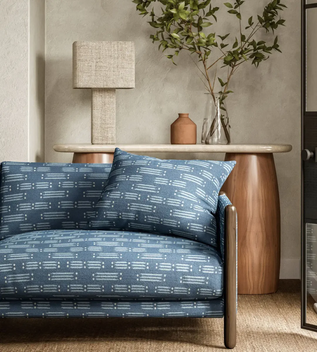 Matchsticks Fabric - Denim by blue misc sofa with side table and lamps