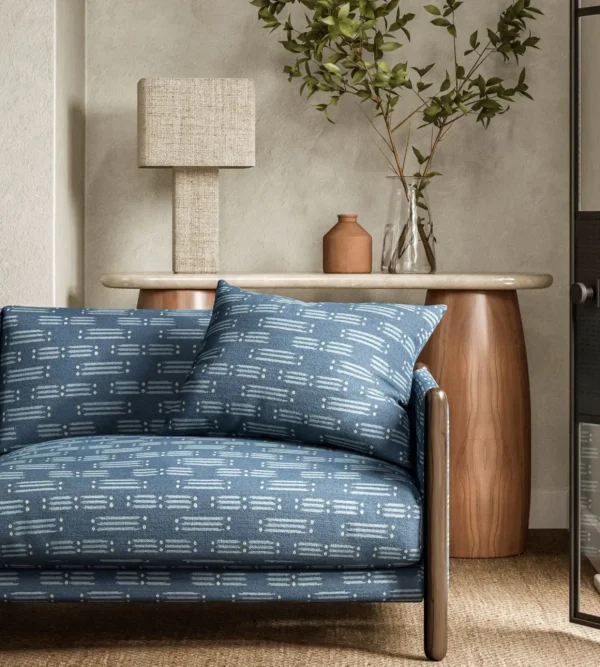 Matchsticks Fabric - Denim by blue misc sofa with side table and lamps