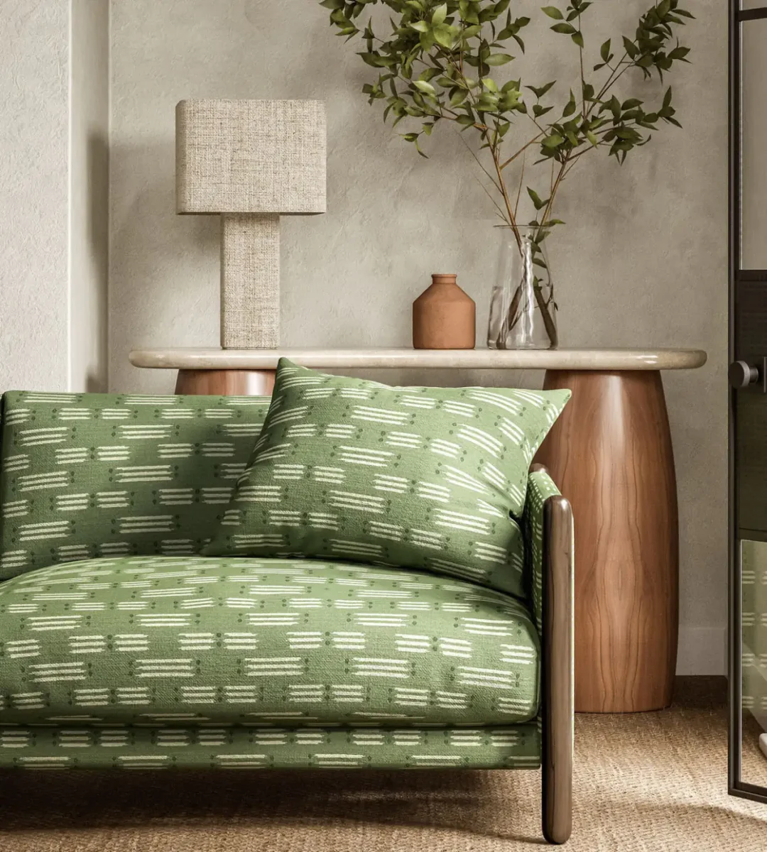 Matchsticks Fabric - Pine by green misc sofa with side table and lamps