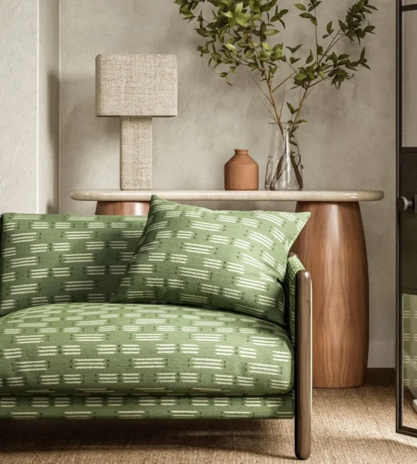 Matchsticks Fabric - Pine by green misc sofa with side table and lamps