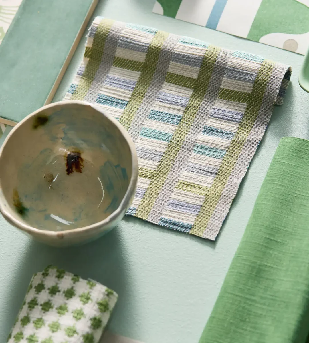 Charnwood Fabric - Evergreen by green striped fabric with vases