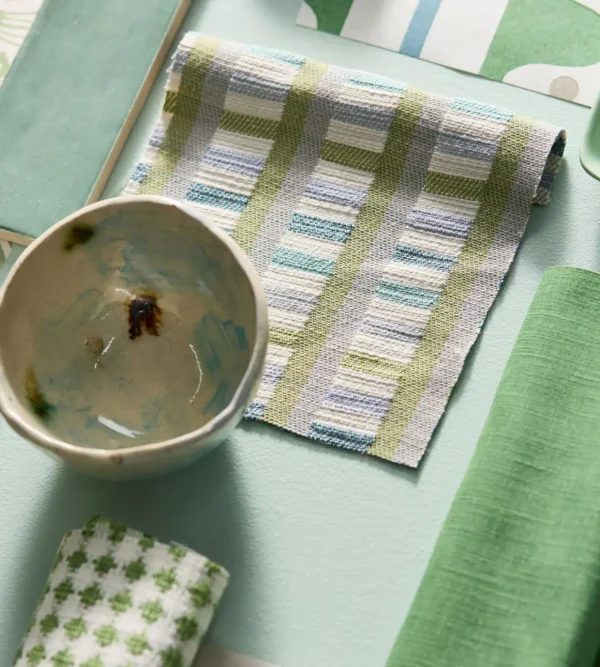 Charnwood Fabric - Evergreen by green striped fabric with vases