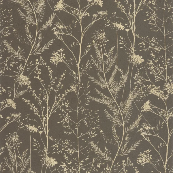Prairie Wallpaper - Noir Fusain / Ocre by brown botanical wallpaper from casadeco
