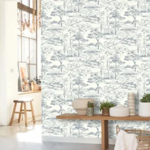 blue botanical wallpaper and wall with wooden bench and vases