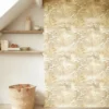 neutral botanical wallpaper and wall with vases