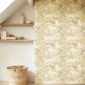 neutral botanical wallpaper and wall with vases