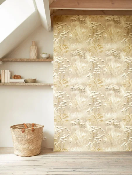 Oyat Wallpaper - Beige Lin by neutral botanical wallpaper and wall with vases