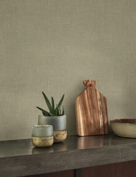 Ecume Wallpaper - Lichen by black-grey plain wallpaper and dining table with