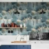 blue botanical wallpaper and cabinets with