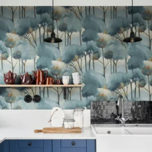 blue botanical wallpaper and cabinets with