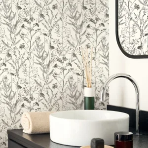 white botanical wallpaper and cabinets with