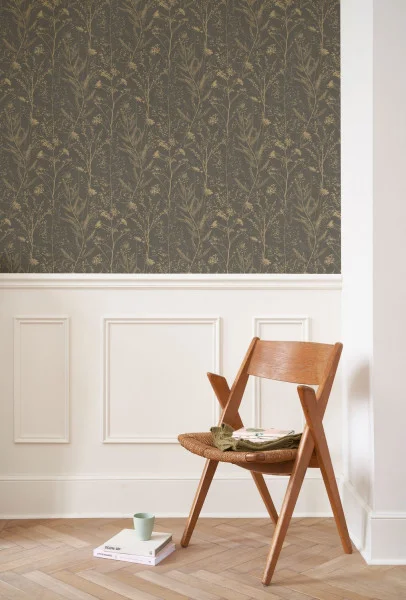 Prairie Wallpaper - Noir Fusain / Ocre by brown botanical wallpaper and chair with