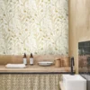 neutral botanical wallpaper and cabinets with