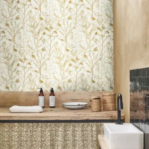 neutral botanical wallpaper and cabinets with