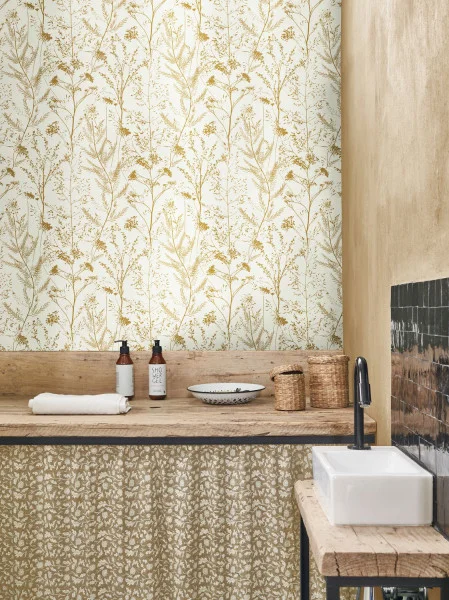 Prairie Wallpaper - Olive by neutral botanical wallpaper and cabinets with