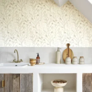 white botanical wallpaper and cabinets with