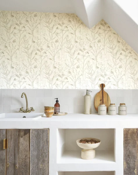 Prairie Wallpaper - Lin by white botanical wallpaper and cabinets with