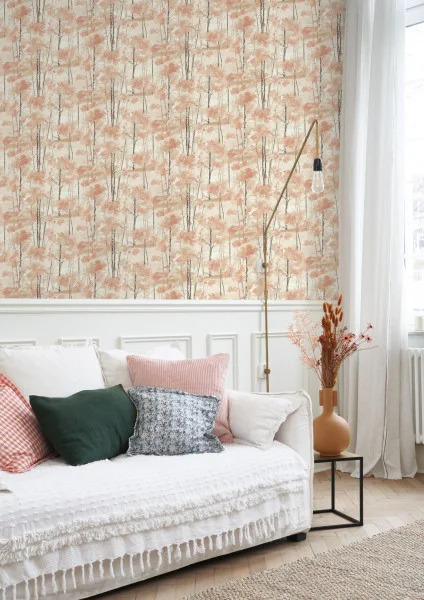 Skandinavia Wallpaper - Orange Automnal by orange botanical wallpaper and wall with bed and cushion