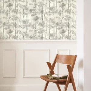 black-grey botanical wallpaper and wall with chair