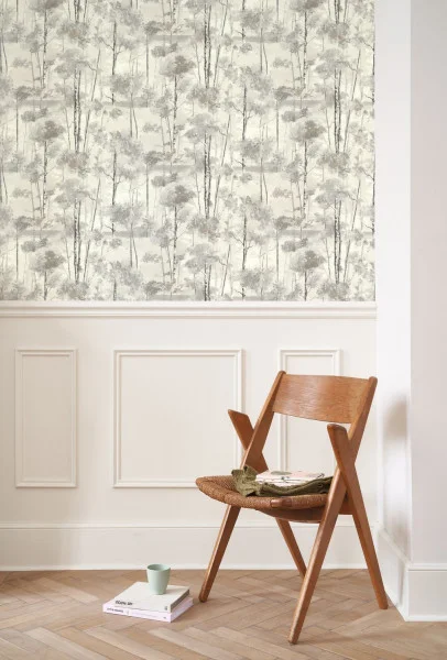 Skandinavia Wallpaper - Blanc Neige by black-grey botanical wallpaper and wall with chair