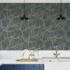 blue botanical wallpaper and wall with cabinets and lamps