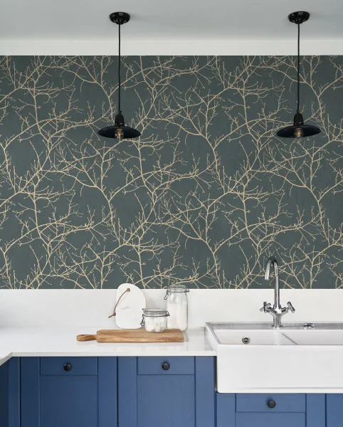 Vancouver Wallpaper - Bleu Encre by blue botanical wallpaper and wall with cabinets and lamps
