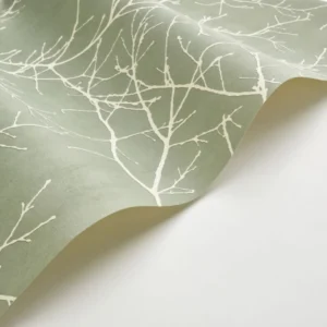 green botanical wallpaper and wall with cabinets and vases
