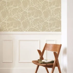 neutral botanical wallpaper and wall with chair