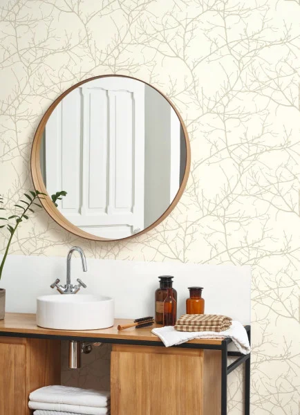 Vancouver Wallpaper - Blanc Neige by white botanical wallpaper and wall with cabinets and towel