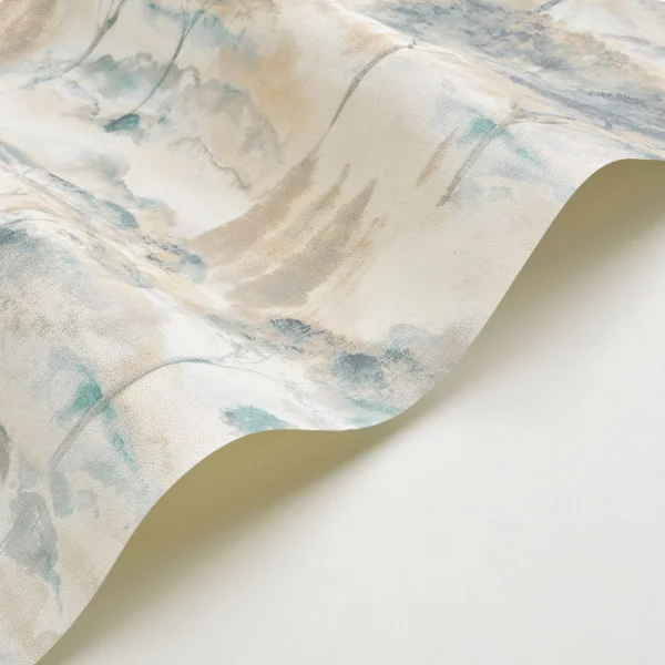 Sila Wallpaper - Beige Mastic / Bleu Paon by black-grey botanical wallpaper and wallpaper with wave