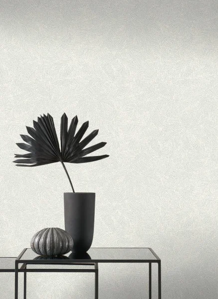 Masaya Wallpaper - Gris by black-grey plain wallpaper and wall with side table and vases