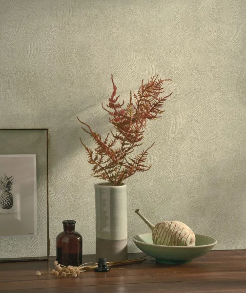 Masaya Wallpaper - Vert Lichen by green plain wallpaper and wall with vases