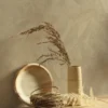 brown plain wallpaper and wall with basket and vases