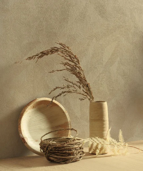 Masaya Wallpaper - Beige Mastic by brown plain wallpaper and wall with basket and vases